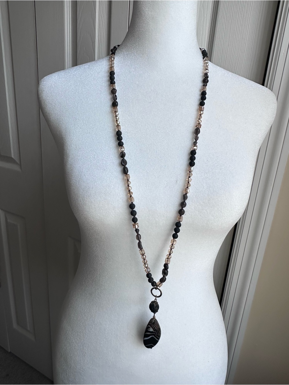 Handcrafted Black and Champagne Beaded Pendant Necklace
